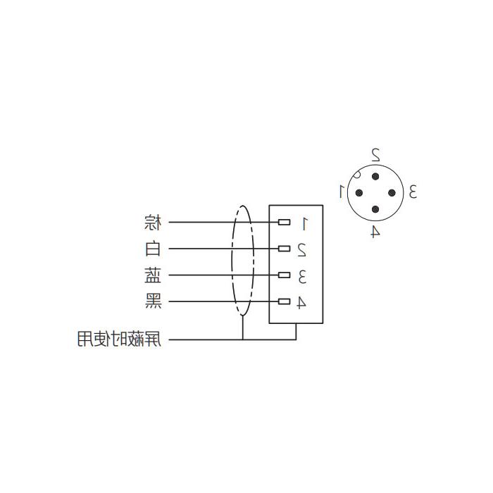 M12 4Pin、公头直型、法兰插座、板前安装、预铸UL电子线、64SA21-XXX