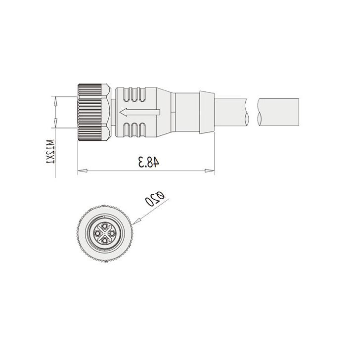 M12 4Pin S-coded、母头直型、单端预铸PVC非柔性电缆、灰色护套、64SP01-XXX