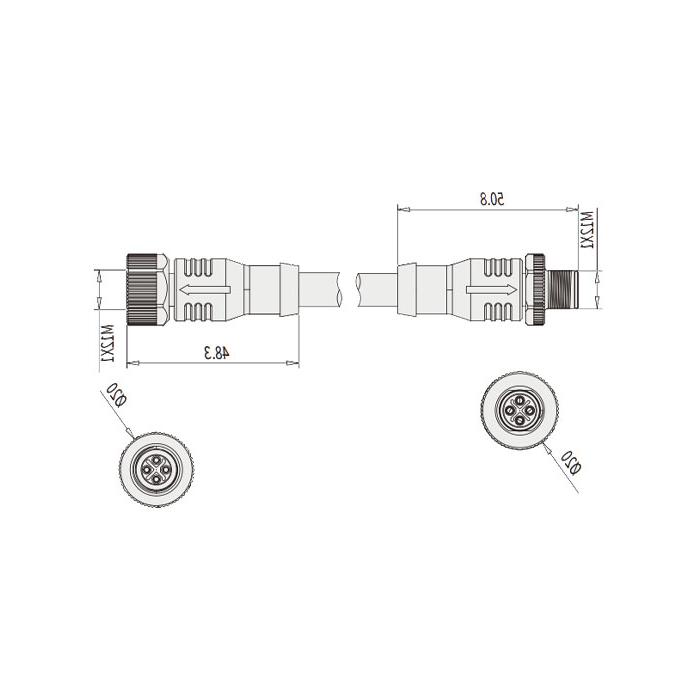 M12 4Pin S-coded、母头直型转公头直型、双端预铸PVC非柔性电缆、黄色护套、64SD03-XXX