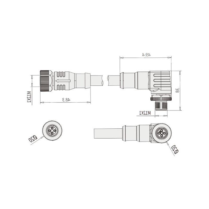 M12 4Pin T-coded、母头直型转公头90°、双端预铸PVC非柔性电缆、灰色护套、64TD21-XXX