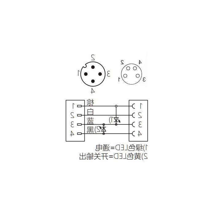 M8转M12 4Pin、M8母头直型 带LED灯转M12公头直型、双端预铸PVC非柔性电缆、灰色护套、63D313-XXX