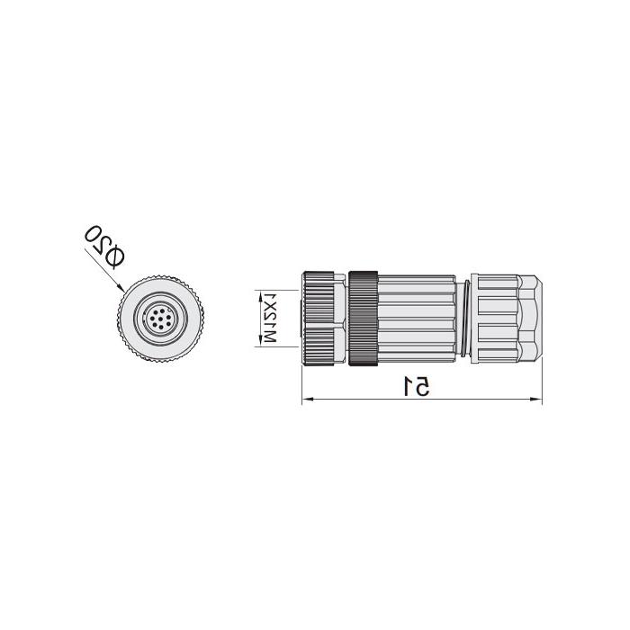 M12 8Pin、母头直型、食品級、螺钉连接、64F369