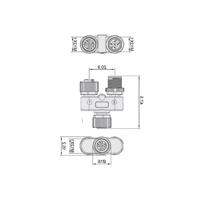 M12 8Pin母头/M12 5Pin公头+M12 5Pin母头、三通接头、648551