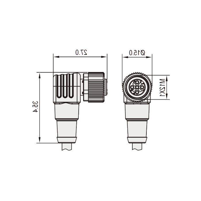 M12 4Pin 母头90°、带LED灯、IP 69K-ECOLAB、食品级、单端预铸PUR柔性电缆、黑色护套、64E061-XXX