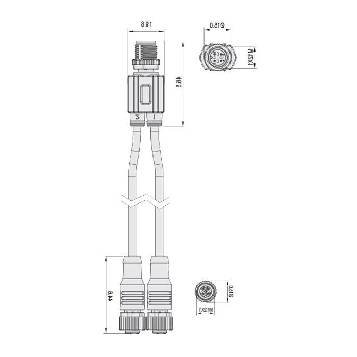 M12 4Pin公头/2M12 3Pin母头直型、IP 69K-ECOLAB、食品级、Y型预铸PVC非柔性电缆、灰色护套、64E403-XXX