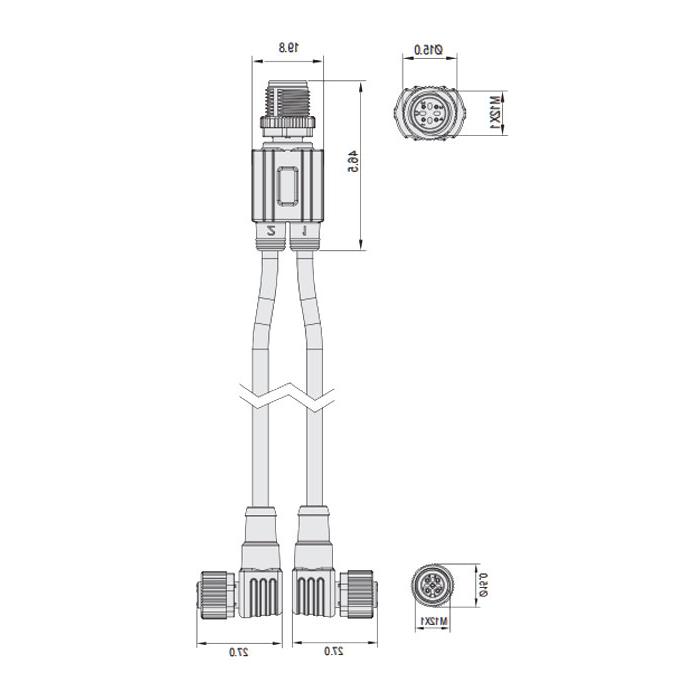 M12 4Pin公头/2M12 3Pin母头90°、IP 69K-ECOLAB、食品级、Y型预铸PUR柔性电缆、黑色护套、64E441-XXX