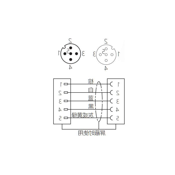 M12 5Pin、母头90°转公头直型、双端预铸防焊渣PUR柔性电缆、黄色护套、64T551-XXX