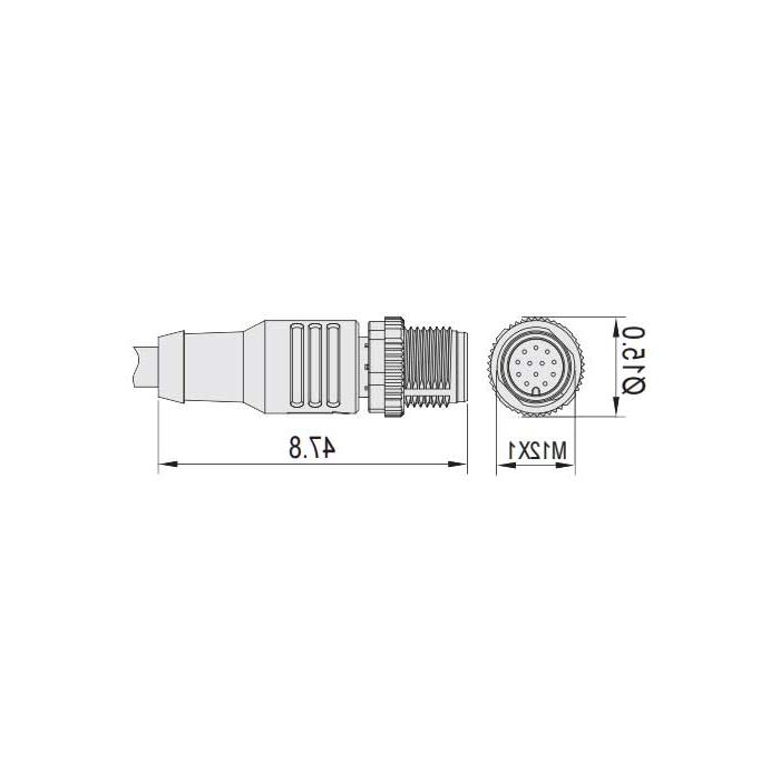 M12 12Pin、公头直型、单端预铸PUR柔性电缆、带屏蔽、黑色护套、64S403-XXX