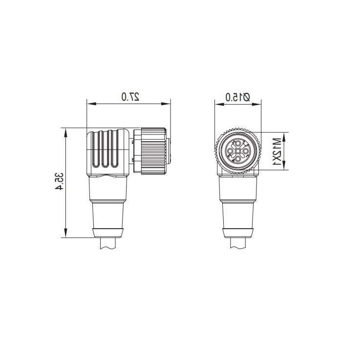 M12 5Pin、引脚5灰、母头90°、带LED灯、单端预铸PVC非柔性电缆、灰色护套、64S303-XXX