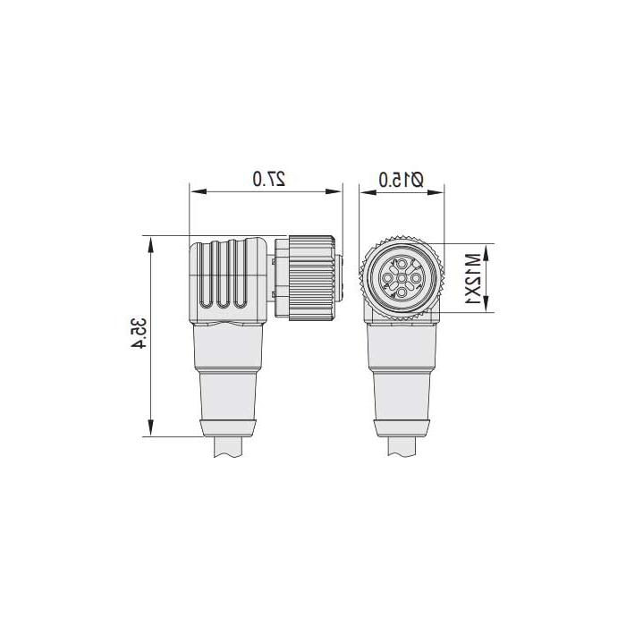 M12 5Pin、引脚5灰、母头90°、单端预铸PVC非柔性电缆、灰色护套、64S283-XXX