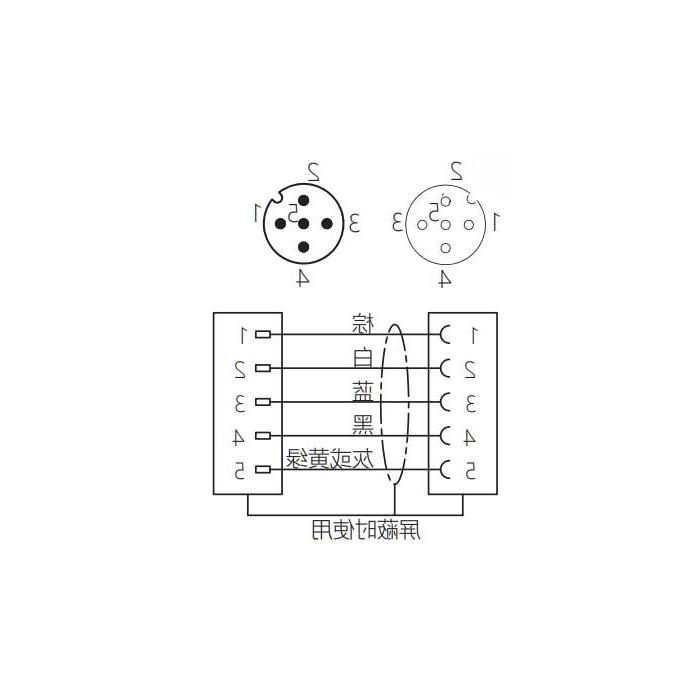 M12 5Pin 、母头90°转公头直型、双端预铸PVC非柔性电缆、带屏蔽、灰色护套、64D327-XXX