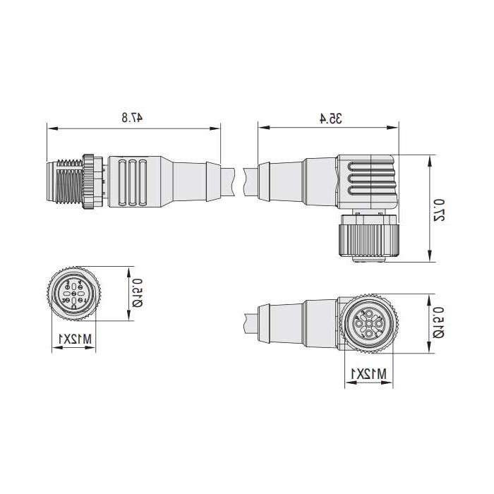 M12 5Pin 、母头90°转公头直型、双端预铸PVC非柔性电缆、带屏蔽、灰色护套、64D327-XXX