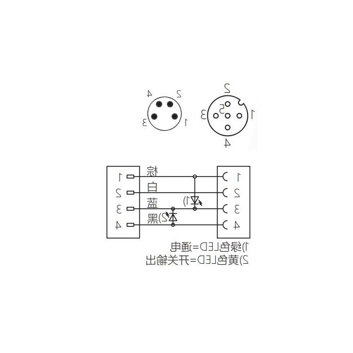 M12母头90°带LED转M8公头直型、4Pin、双端预铸PVC非柔性电缆、灰色护套、64D103-XXX