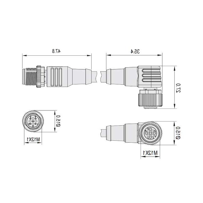 M12 5Pin、母头90°带LED灯转公头直型、双端预铸PVC非柔性电缆、灰色护套、64D363-XXX